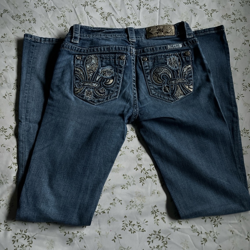 Miss Me Dark Blue Boot Cut Jeans with Silver Embellishments